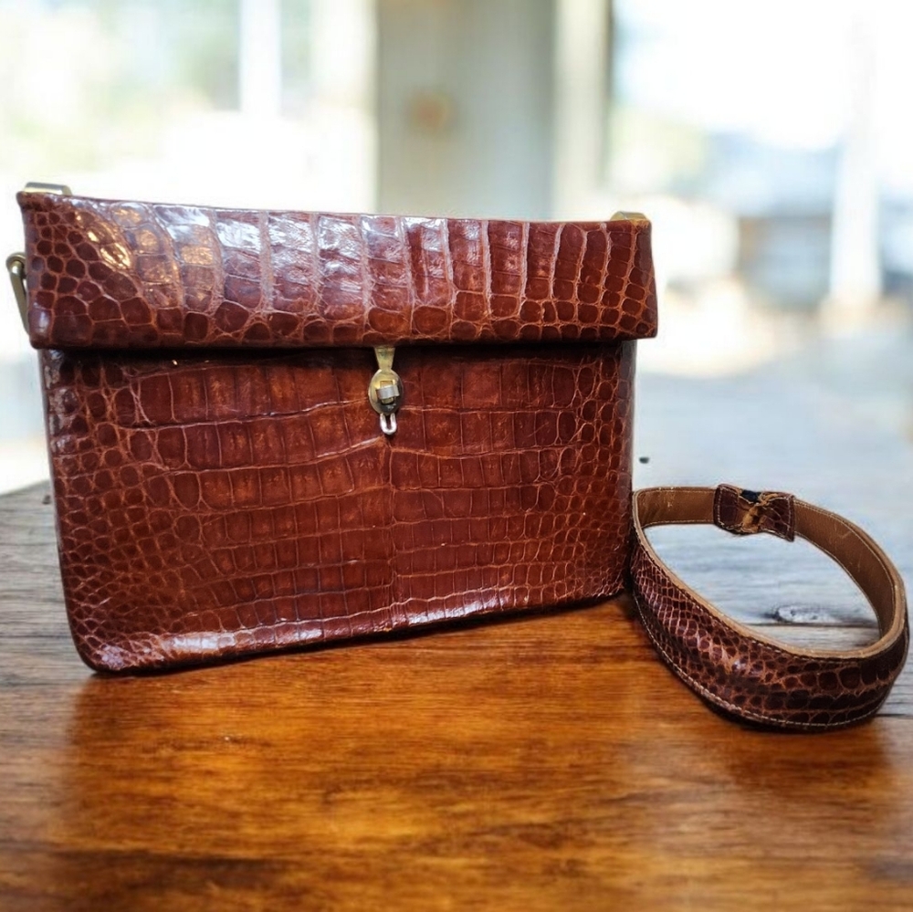 Vintage Baby Alligator Leather Frame Bag Uruguay Brown Top Handle | Strap Repair